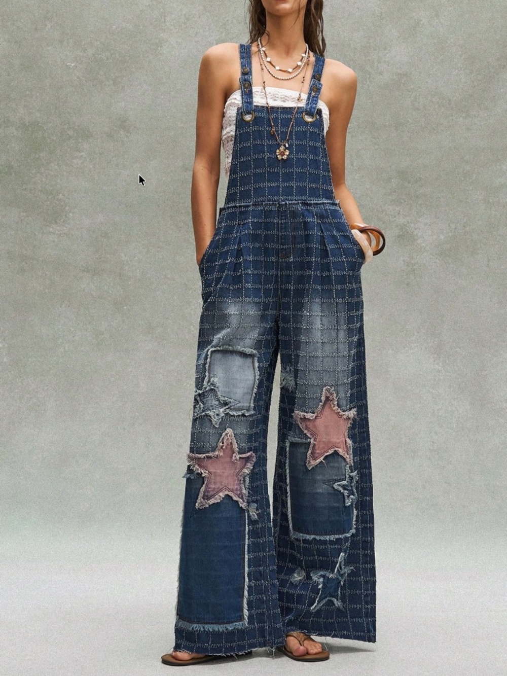 Western Dark Wash Star Wide Leg Bibs Overalls